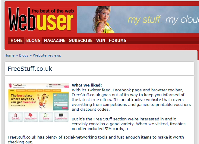 Freestuff.co.uk Bronze Award from Webuser